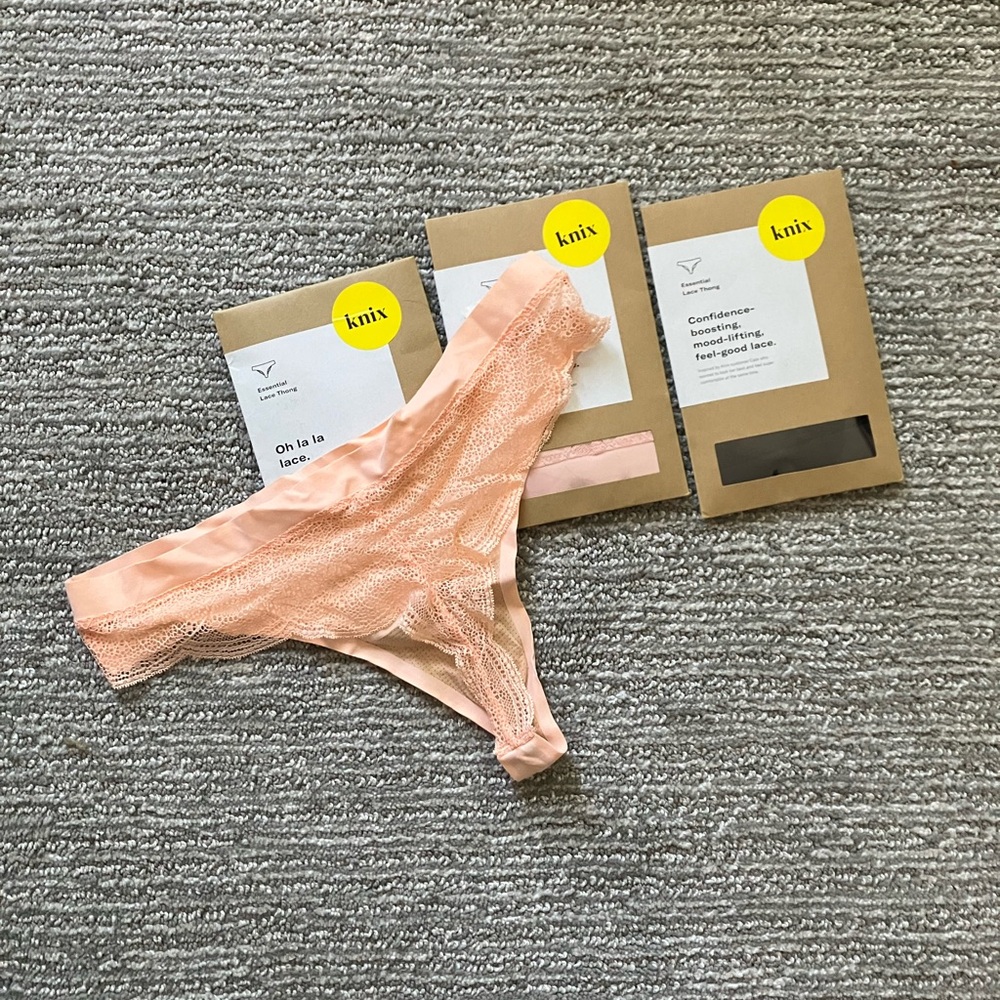 Knix Essential Lace Thong in Peach, Pink and Black